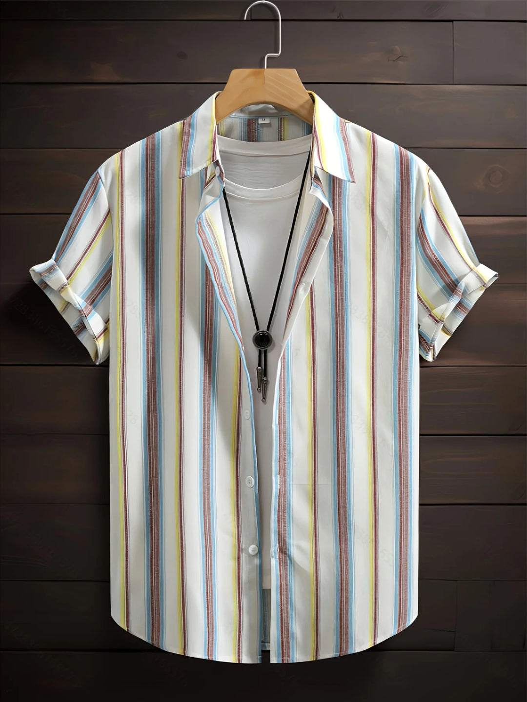 Men's Summer Beach Loose-fitting Shirt with a Sophisticated, Cool, and Retro-Style Striped Short-Sleeve Collar