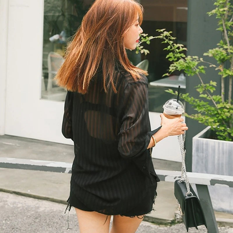 See Through Black Striped Shirts Women  Spring Summer Casual Long Sleeve Y2k Blusas Sexy Ladies White Chiffon Tops and Blouses
