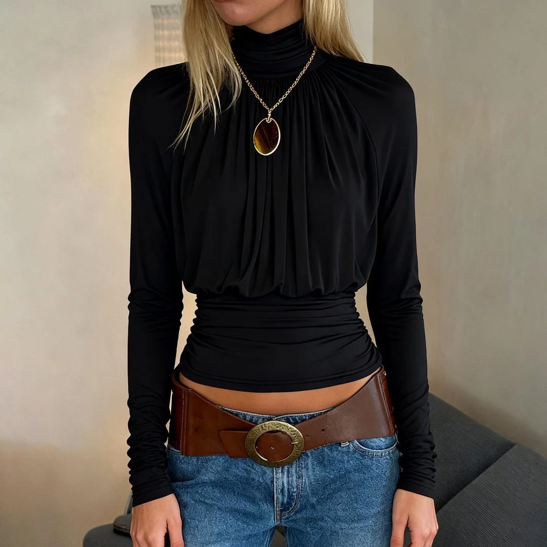 Solid Black T Shirts For Women Elegant Clothes Turtleneck Camisetas Lady Tops Long Sleeve Ropa De Mujer Shirring Feminist Shirt