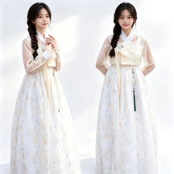 Elegant Women Hanbok Set Sheer Long Sleeve Floral Tulle Skirt Korean Traditional Dress Party Dance Photo Clothes