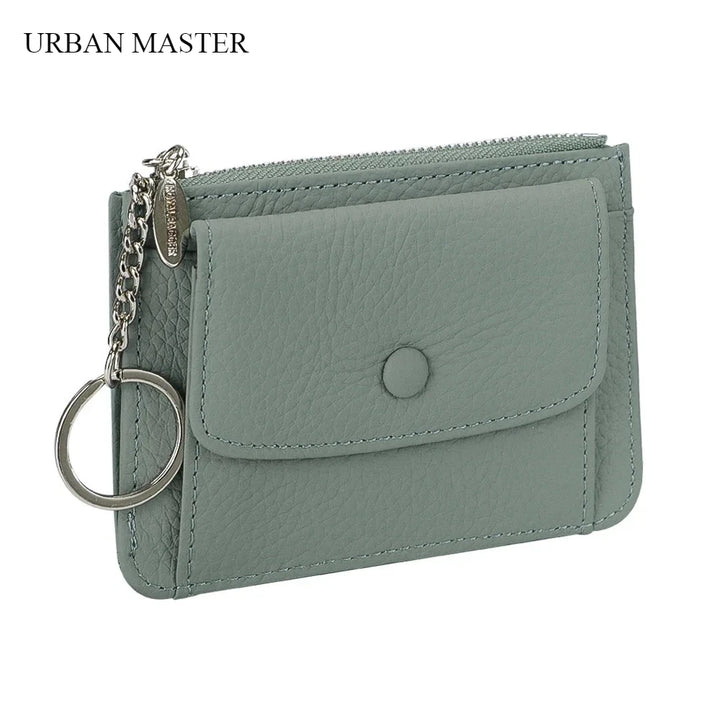 محفظة جلدية نسائية للبطاقات والعملات المعدنية مع سلسلة مفاتيح