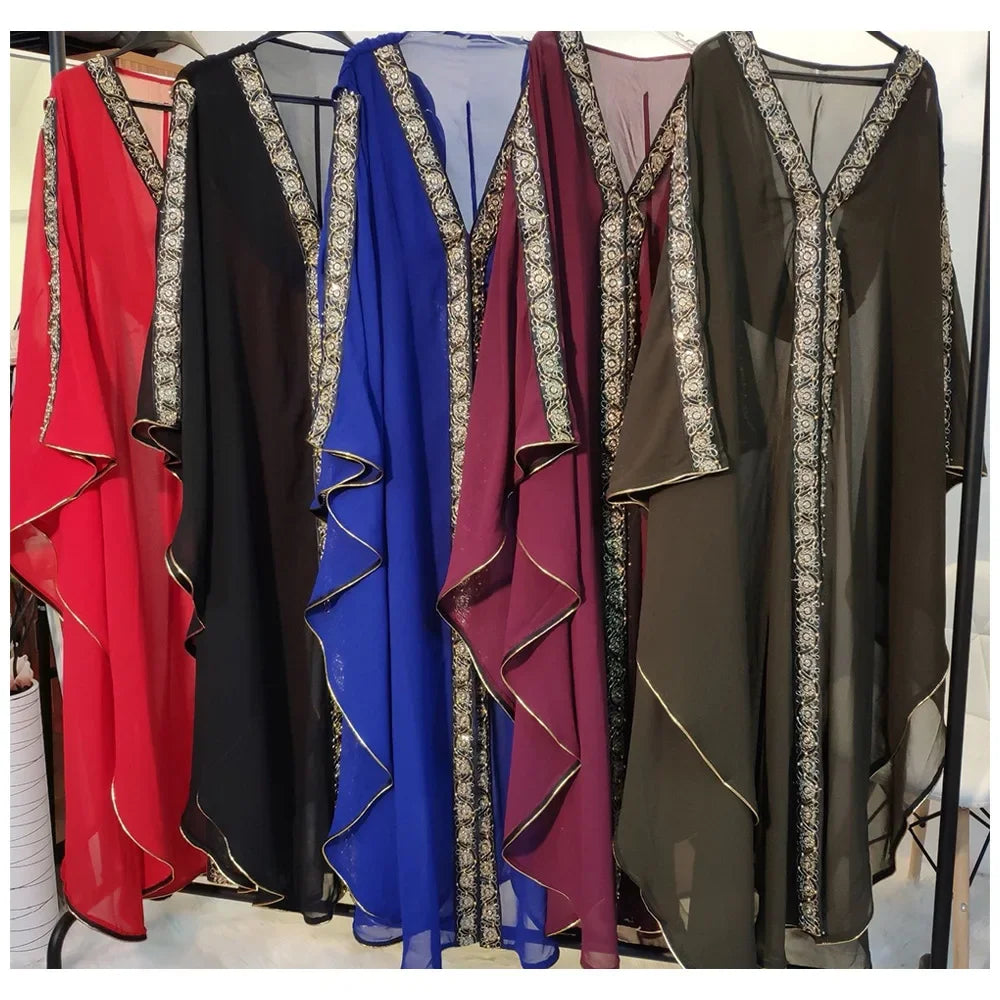 Abaya Morocco Kaftan Dubai Hooded Maxi Dress Bat Sleeve Farasha Kaftan Muslim Women African Open Kimono Boubou Evening Dresses