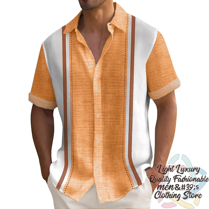 Men's shirts Summer striped linen print shirts Casual short-sleeved button Hawaiian shirts Oversized men's tops outfit collar