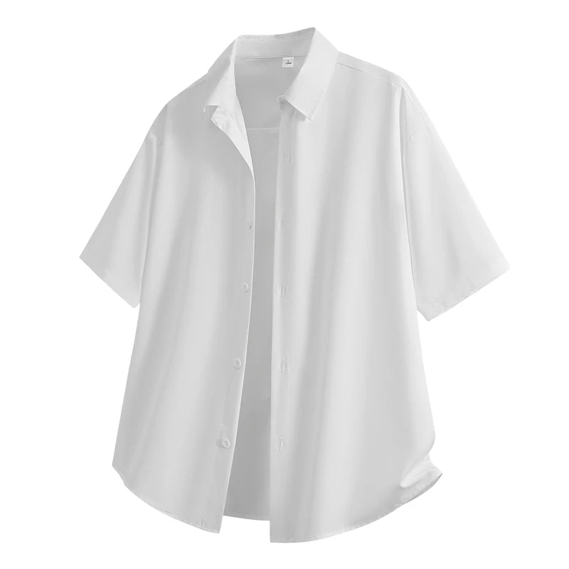 Short Sleeve White Shirts Men's Summer Anti-Wrinkle Business Loose Fit Ice Silk Shirt Youthful Button Iron-Free Black Work Shirt