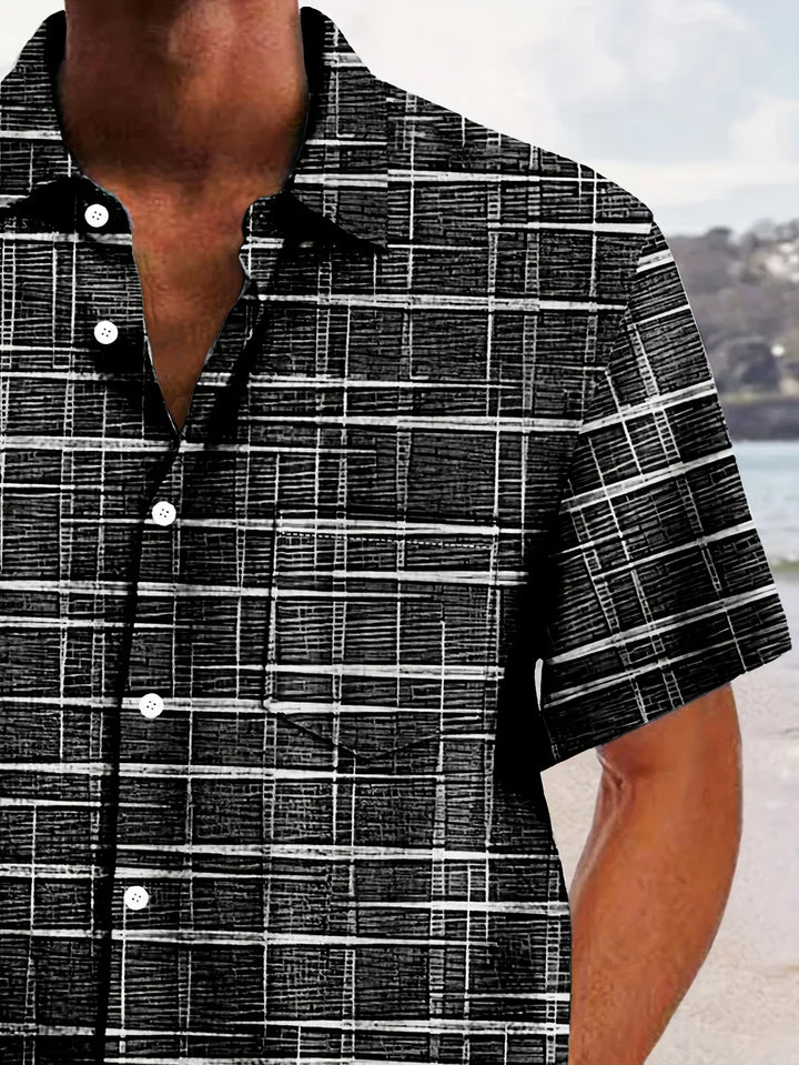 Vintage Shirts Black White Distressed Plaid Textured Printed Loose Casual Short Sleeve Lapel Tops Men Clothes
