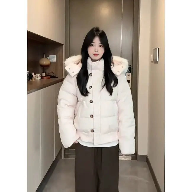 Korean Retro Big Fur Collar Cotton Clothes for Women's Autumn and Winter New Waist Thin Warm Jacket Khaki Bread Clothes