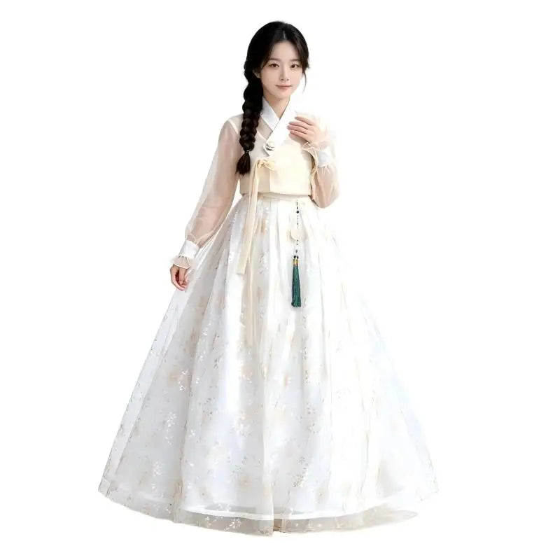 Elegant Women Hanbok Set Sheer Long Sleeve Floral Tulle Skirt Korean Traditional Dress Party Dance Photo Clothes
