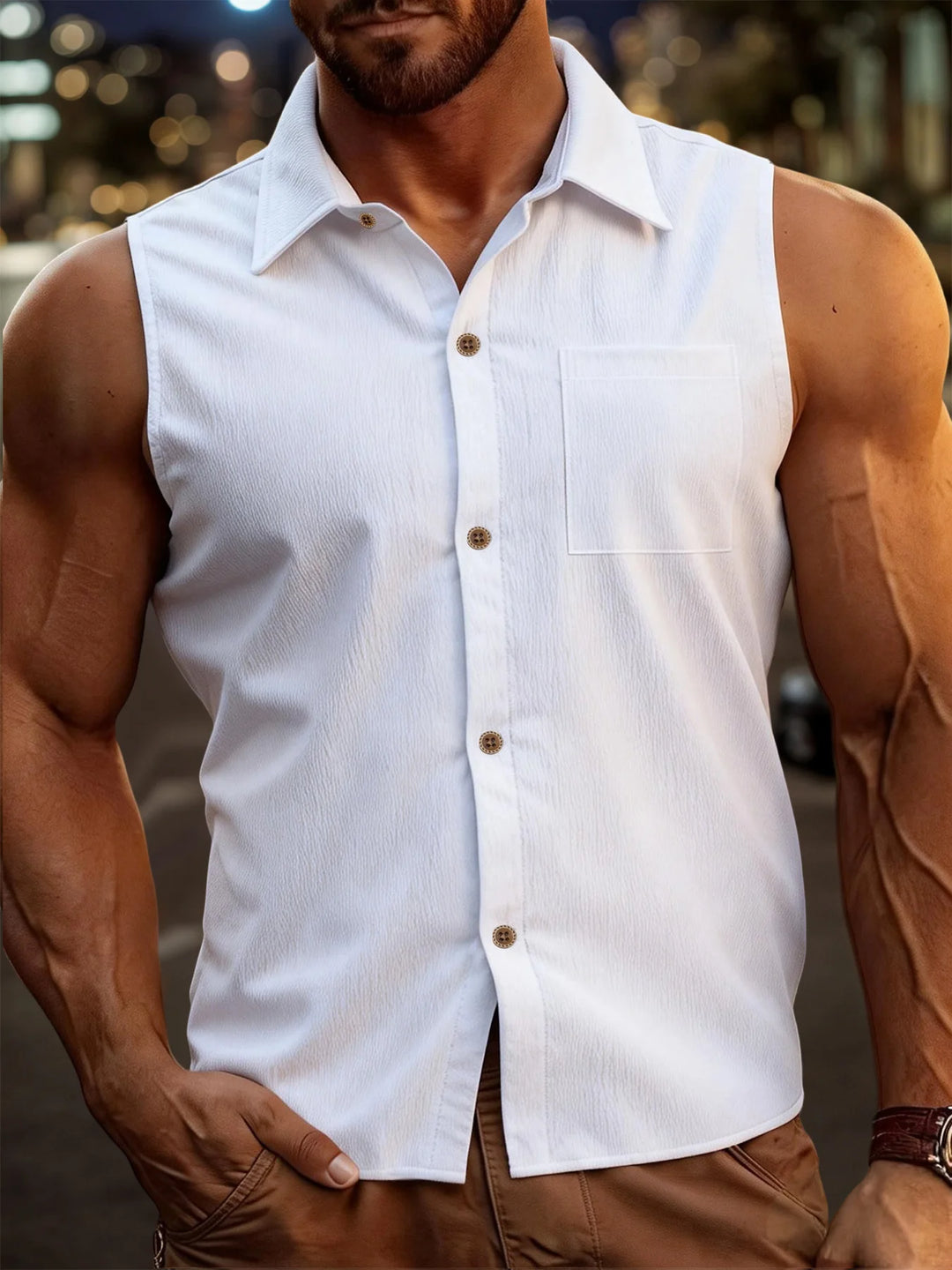 Mens Fashion Casual Sleeveless Shirts Men Turn-down Collar Buttoned Vest Shirt Summer Breathable Male Solid Color Tank Tops