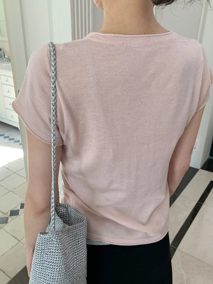 Shell Button Knit T-shirts Women Summer Simple Versatile Slim V-neck Short Sleeve Tess Sweet Korean Style Chic Tshirt Tops New