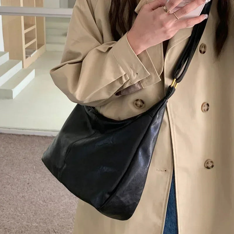 Women’s Soft PU Leather Tote – Foldable Slouchy Crossbody Handbag with Zipper