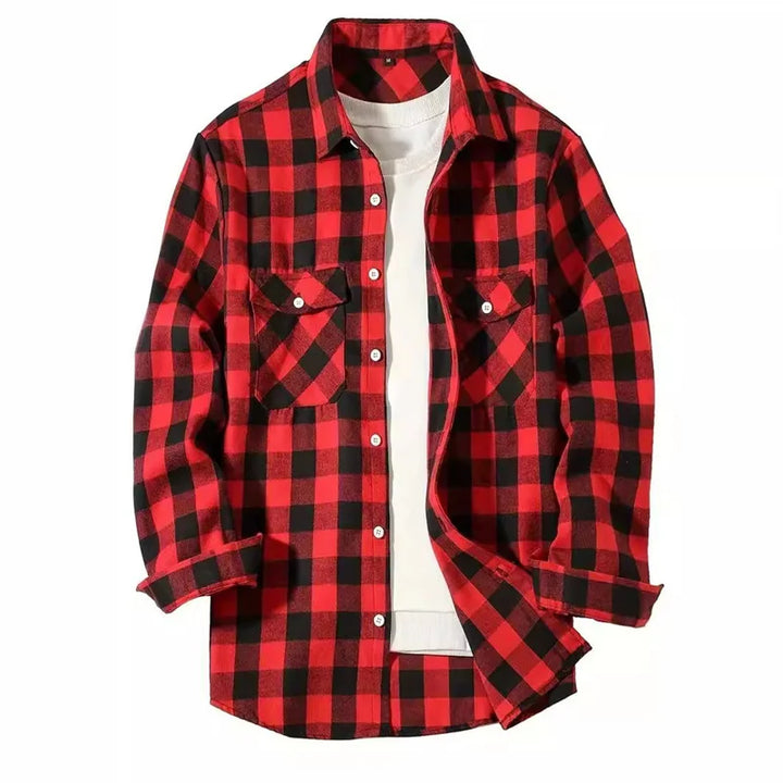 Mens Shirts Fashion Classic Plaid Cardigan Casual Shirt Long Sleeve Chest Two Pockets Turn-Down Collar Spring Autumn Men Tops