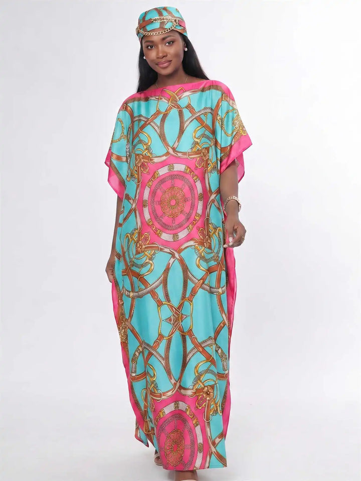 Women Muslim Kaftan Abaya With Matching Hijab Scarf Chain Print Maxi Dress Loose Batwing Sleeve Long Robe Set For Malay