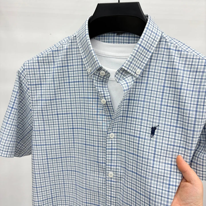 Short Sleeved Shirt for Men in Summer, Thin Design for Men, High-end Checkered Embroidered Shirt, Pure Cotton Top