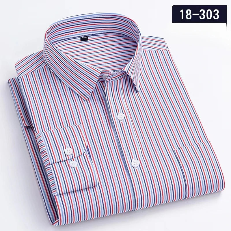 New in Shirt 100% Cotton Long-Sleeve Shirts for Men Slim Fit Plain Shirt Thin Plaid Striped Tops Fashion Elegants Office Clothes