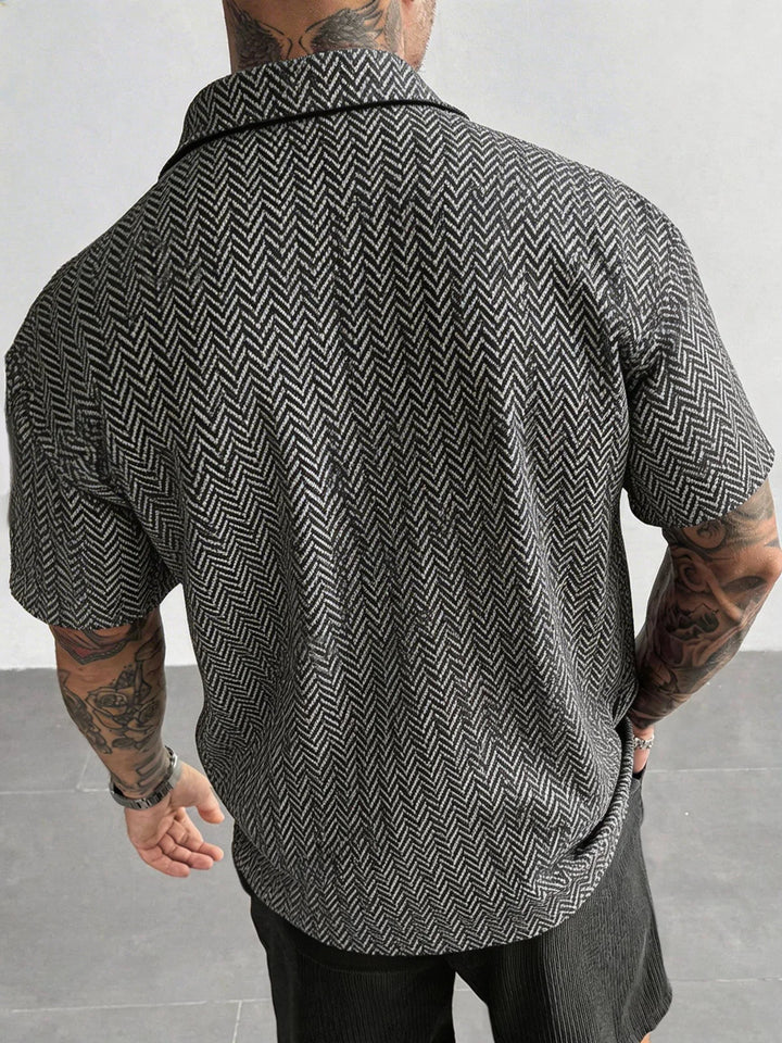 Men's Summer Herringbone Short Sleeve Shirts Casual Loose Turn-Down Collar Sweater Tops Cross-Border Men's Fashion