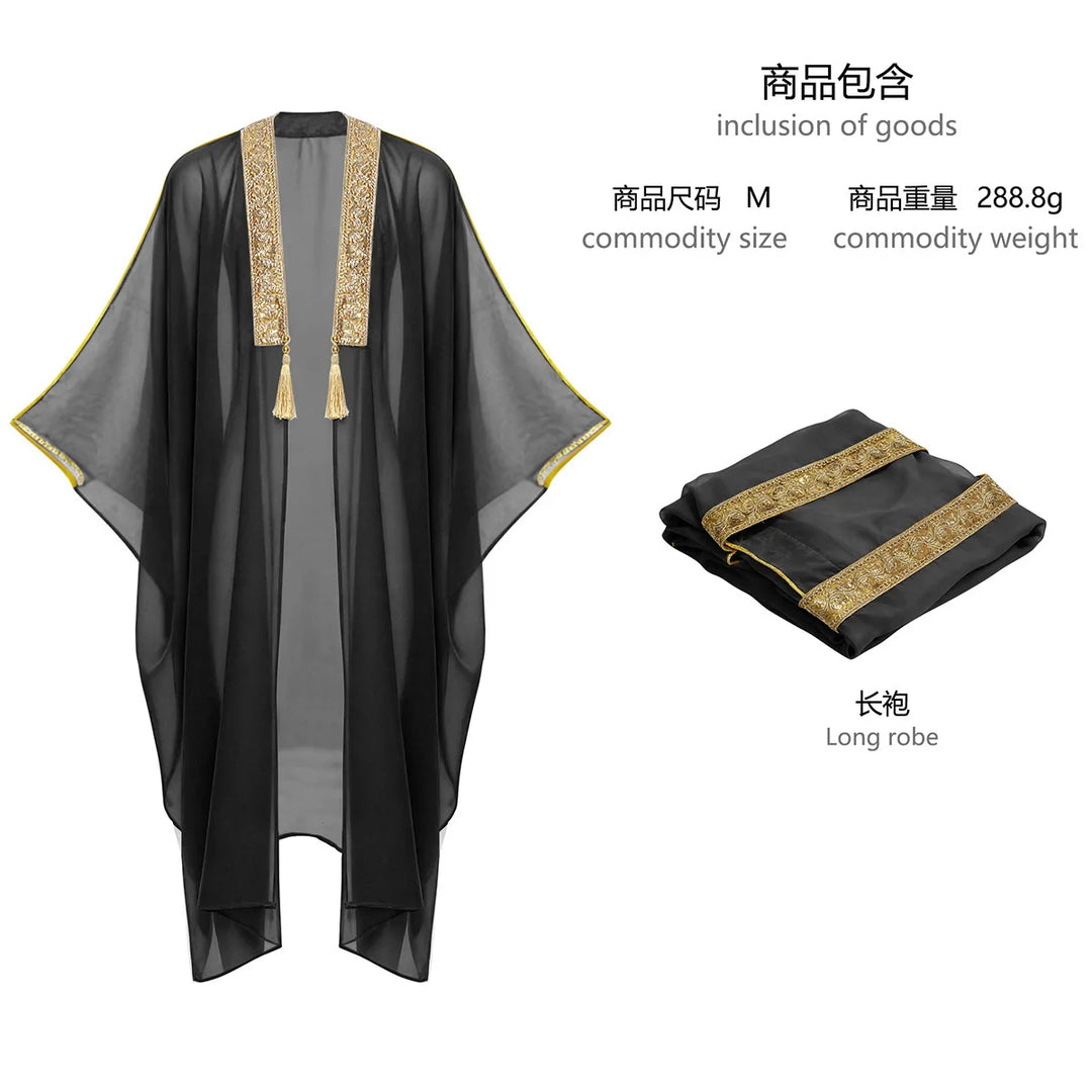 Men's Muslim Kimono-style Chiffon Robe Turkish Arabic Islamic Men's Muslim Robe Cosplay Ramadan Embroidered Robe Prayer Garment