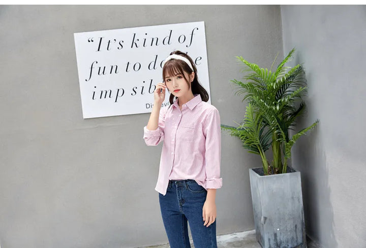 White Blue Pink Striped Shirt Women 2024 Spring New Simple Casual Long Sleeves Blouses and Tops Office Fashion Ladies Clothes