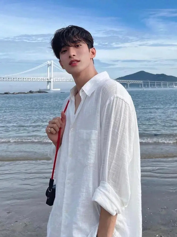 Men's Shirt Premium Thin White Loose Breathable Shirt Loose Long Sleeve Sun Protection Tees Lightweight Vacation Pockets Shirts