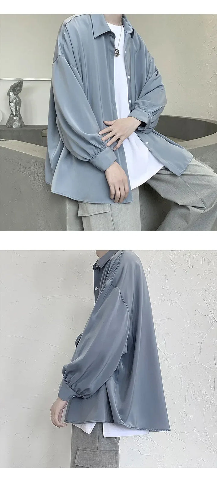 Korean Style Men's Long-sleeved Shirts Black Tie Cozy Casual Solid Oversize Blouses Breathable Loose Shirt Harajuku Male Clothes