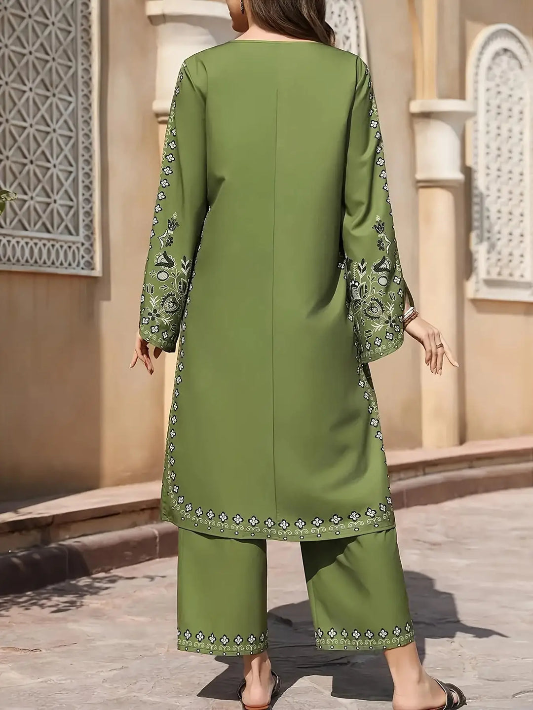 2pcs Boho Chic Salwar Suit Ethnic Print Lightweight Non-See-Through Ramadan Fashion with Flared Cuffs & Hem for Women Outdoor Ev
