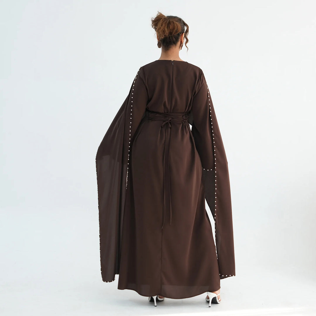 Luxury Dubai Shawl Abaya Elegant Beaded Waist Cinching Kaftan Muslim Women Traditional Dress Maxi Long Sleeve Robe Eid Outfit