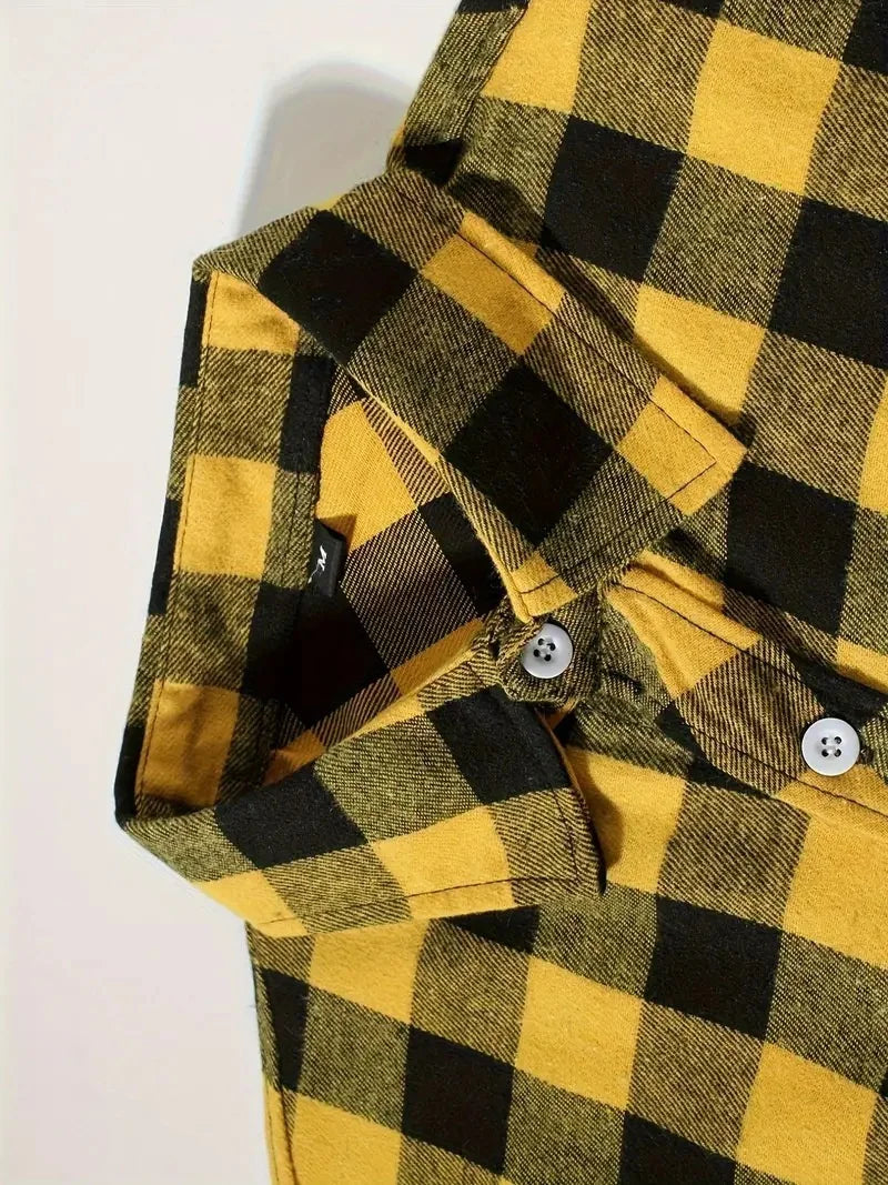Mens Shirts Fashion Classic Plaid Cardigan Casual Shirt Long Sleeve Chest Two Pockets Turn-Down Collar Spring Autumn Men Tops
