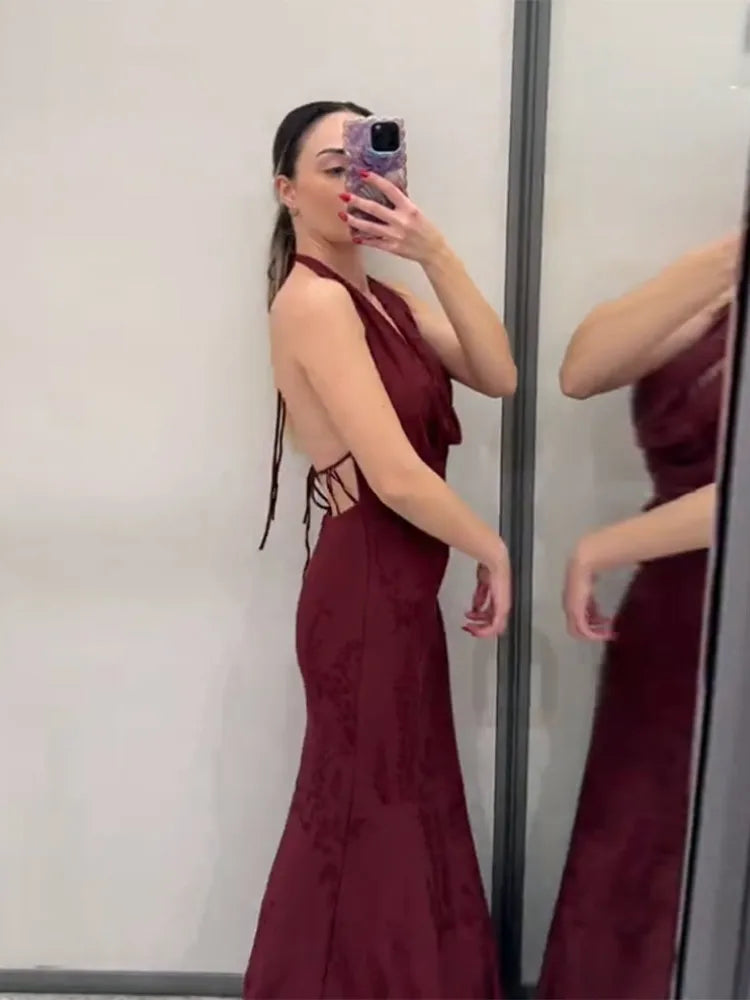 Women’s 2026 Vintage Red Lace-Up Dress – Sleeveless Deep V Neck Elegant Party Gown