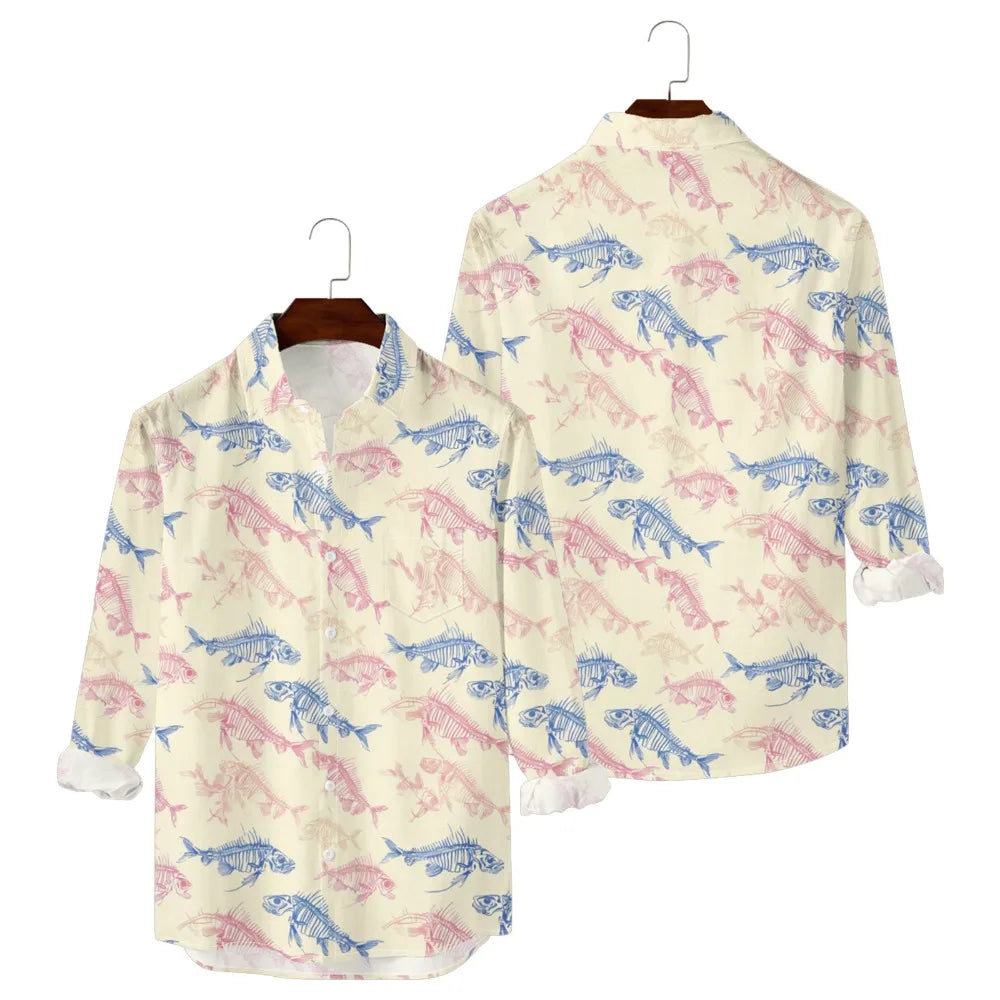 Men’s Hawaiian Fish Print Shirt – Long Sleeve Casual