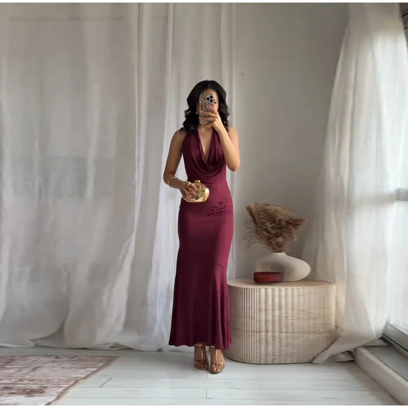 Women’s 2026 Vintage Red Lace-Up Dress – Sleeveless Deep V Neck Elegant Party Gown