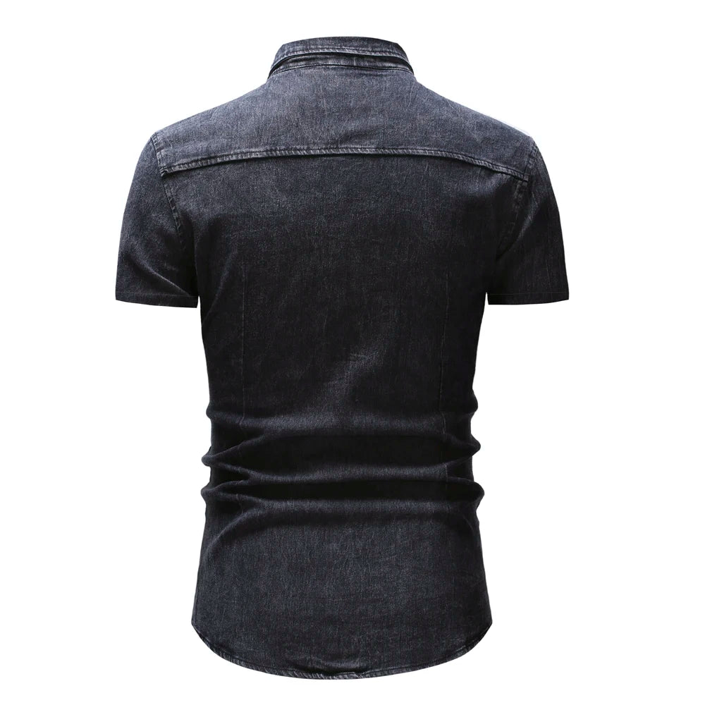 Men Denim Shirts Tops Shirt Short Sleeve Button Turn Down Collar Single Breasted Slim Fit Solid Simple Casual Splice Top 2024