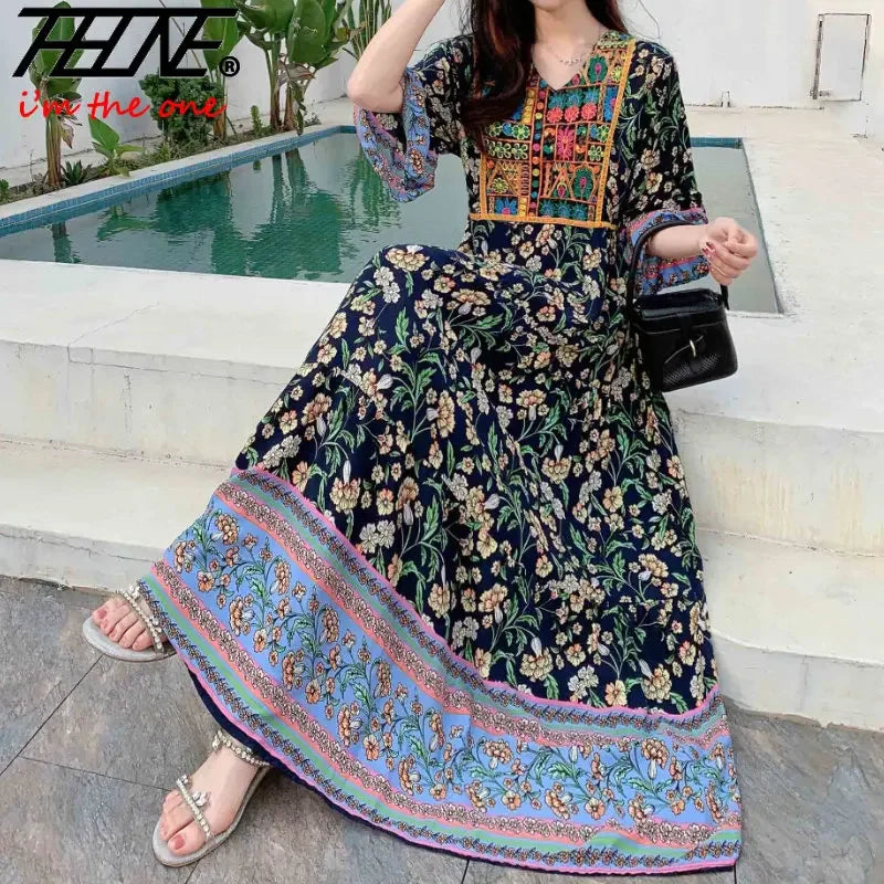 Women’s Indian Summer Dress – Embroidered Elegant Maxi Party & Beach Dress