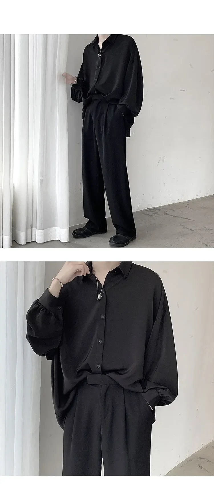 Korean Style Men's Long-sleeved Shirts Black Tie Cozy Casual Solid Oversize Blouses Breathable Loose Shirt Harajuku Male Clothes