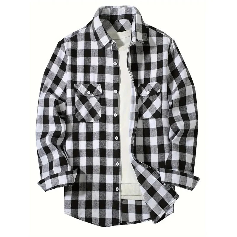 Mens Shirts Fashion Classic Plaid Cardigan Casual Shirt Long Sleeve Chest Two Pockets Turn-Down Collar Spring Autumn Men Tops