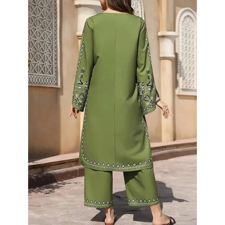 2pcs Boho Chic Salwar Suit Ethnic Print Lightweight Non-See-Through Ramadan Fashion with Flared Cuffs & Hem for Women Outdoor Ev