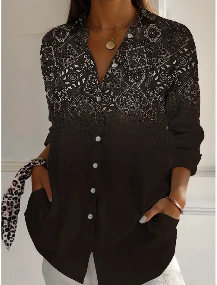 Women's Shirts Geometric Color Block Graphics Blouse Lapel Neck Blouse Women's Long Sleeve Shirts Womens Clothes Female Clothing