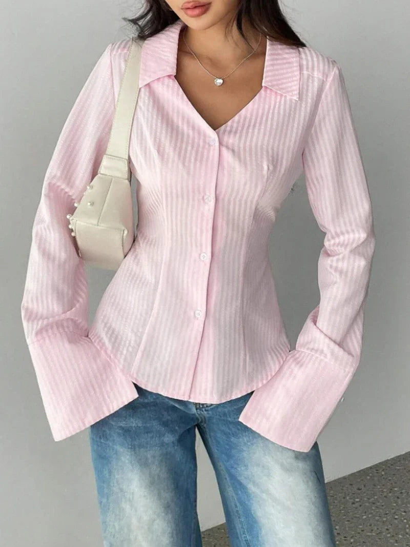 Pink Striped Shirt Women Sexy Turn Down Collar Spring Autumn Chic Blouse Fall Fashion Long Sleeve Single Breasted Slim Tops New