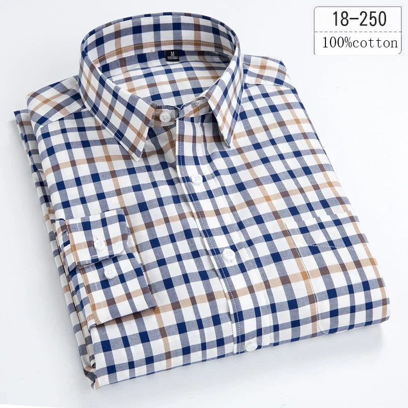 New in Shirt 100% Cotton Long-Sleeve Shirts for Men Slim Fit Plain Shirt Thin Plaid Striped Tops Fashion Elegants Office Clothes