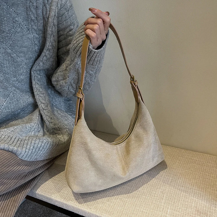 Vintage Women’s Suede Handbag – Designer Crescent Hobo Crossbody Bag