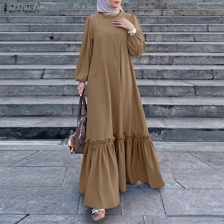 ZANZEA Muslim Modest Fashion Maxi Dress Women's Hijab O-Neck Long Sleeve Ruffled Hem Abaya Robes Islamic Ramadan Eid Kaftan