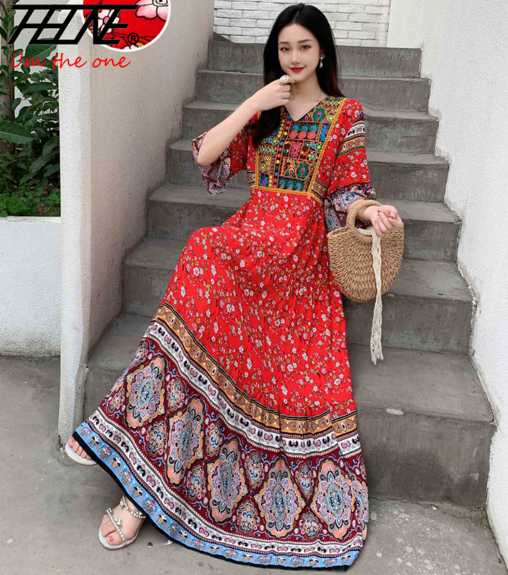 Women’s Indian Summer Dress – Embroidered Elegant Maxi Party & Beach Dress