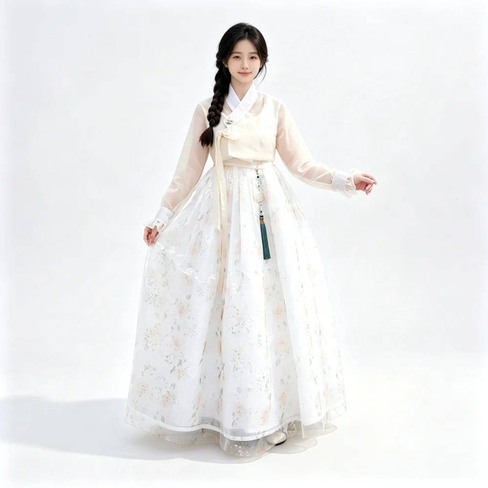 Elegant Women Hanbok Set Sheer Long Sleeve Floral Tulle Skirt Korean Traditional Dress Party Dance Photo Clothes