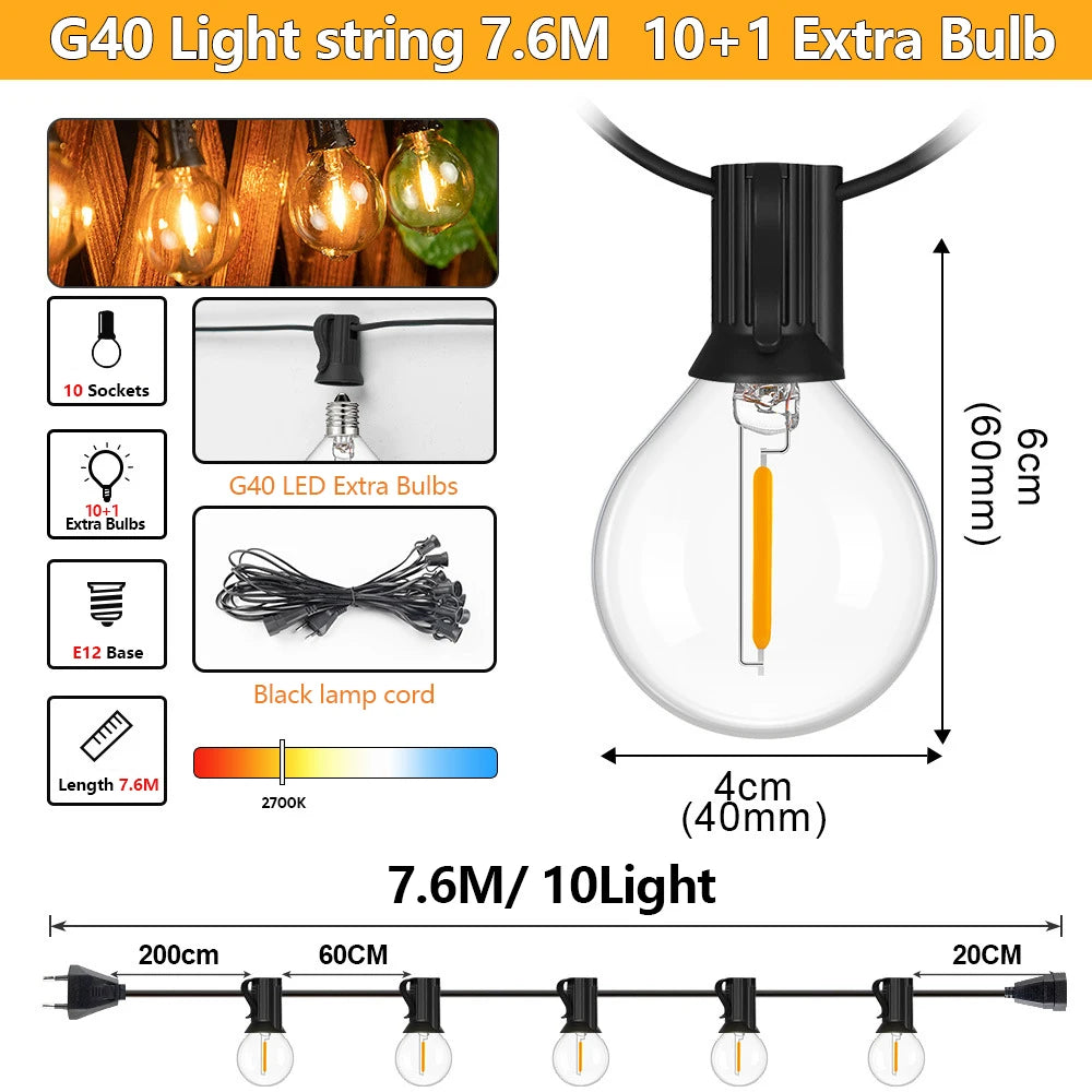 LumiGlow™ G40 LED Patio String Lights – 30M