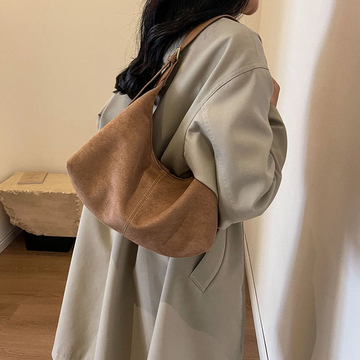 Vintage Women’s Suede Handbag – Designer Crescent Hobo Crossbody Bag