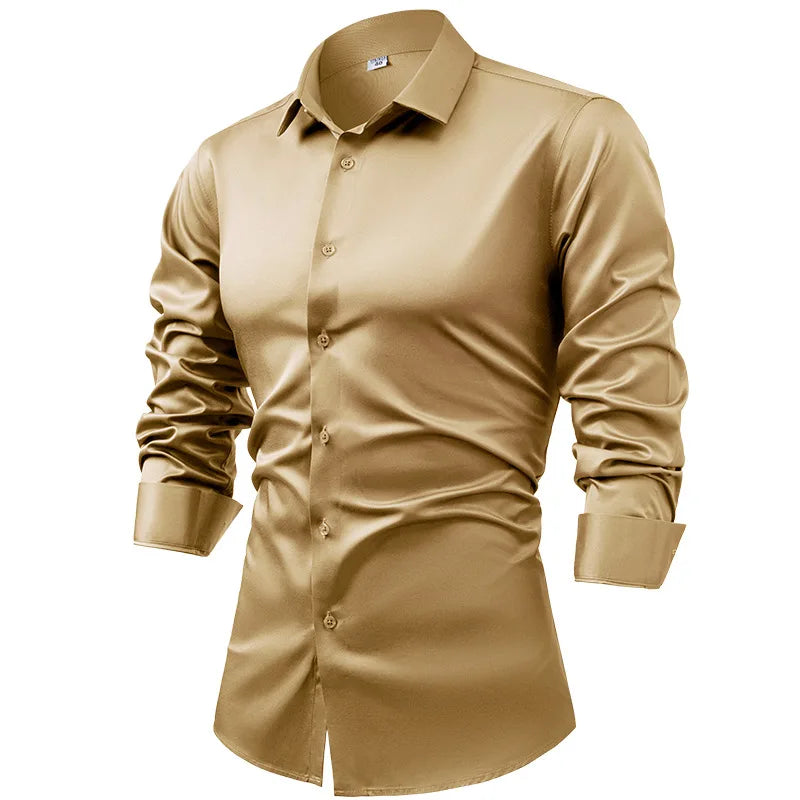 High-end Satin Shirts for Men Fashion Long Sleeved Solid Dress Shirts Men's Business Social Non-ironing Wrinkle-resistant Shirts