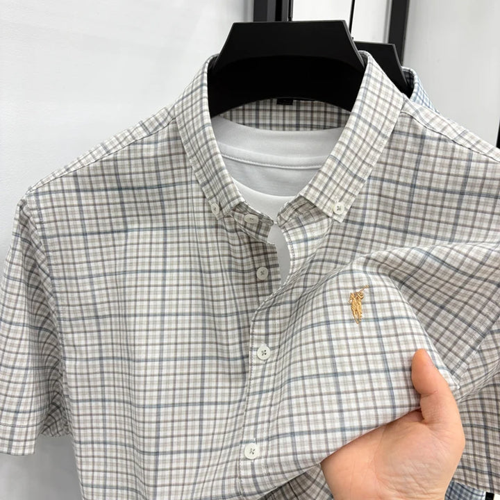 Short Sleeved Shirt for Men in Summer, Thin Design for Men, High-end Checkered Embroidered Shirt, Pure Cotton Top