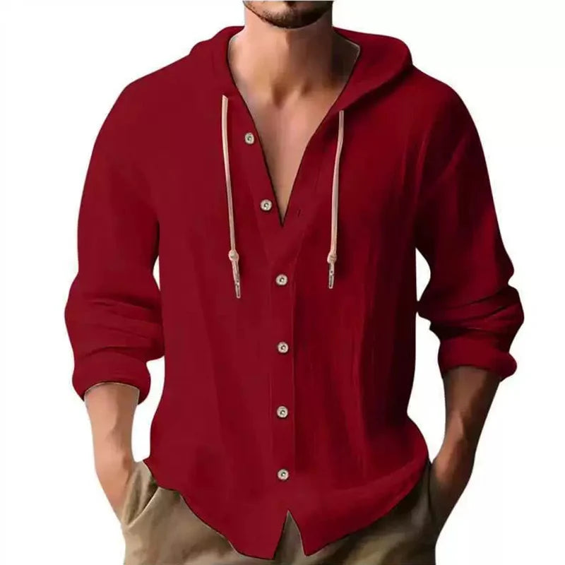 Men's Linen Shirt Solid Streetwear Long Sleeve Hoodie Cardigan Clothing For Men Button Tops Casual Loose Men Hooded Shirt
