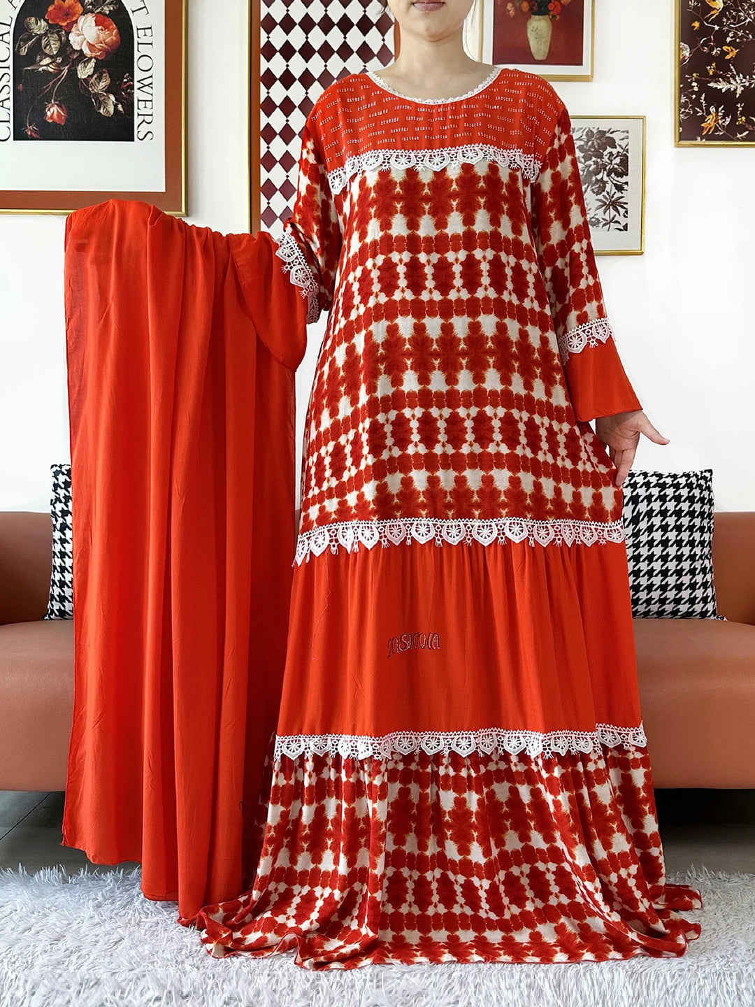 High Quality Women Party Kashkha Abaya Wave Floral Cotton Abaya African Boubou Muslim Loose Kaftan Maxi Dress with Big Shawls