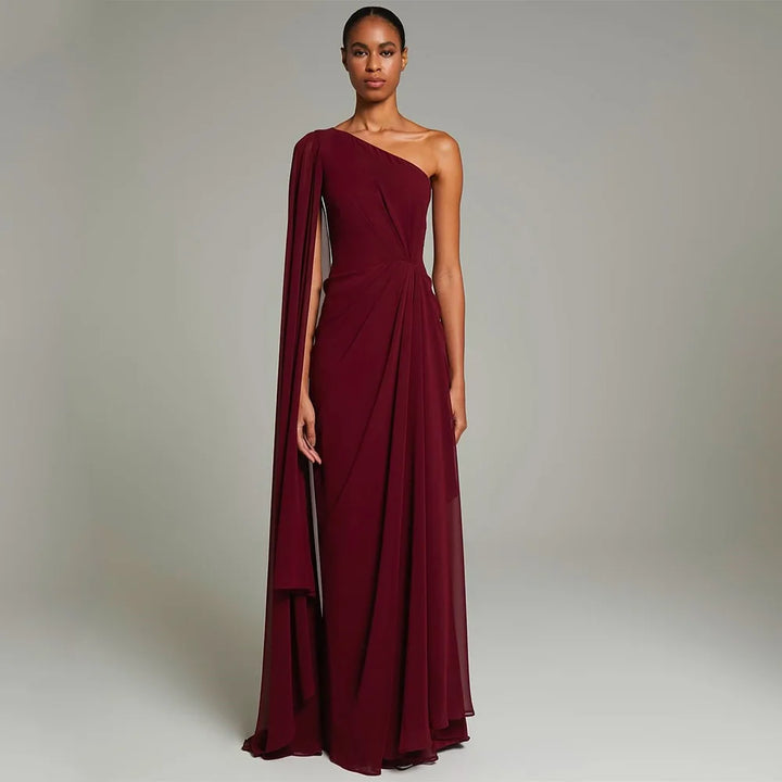 Women's Evening Dresses Burgundy Chiffon Draped One Shoulder Evening Gowns Long Pleat Trumpet/Mermaid Formal Party Dress 2025