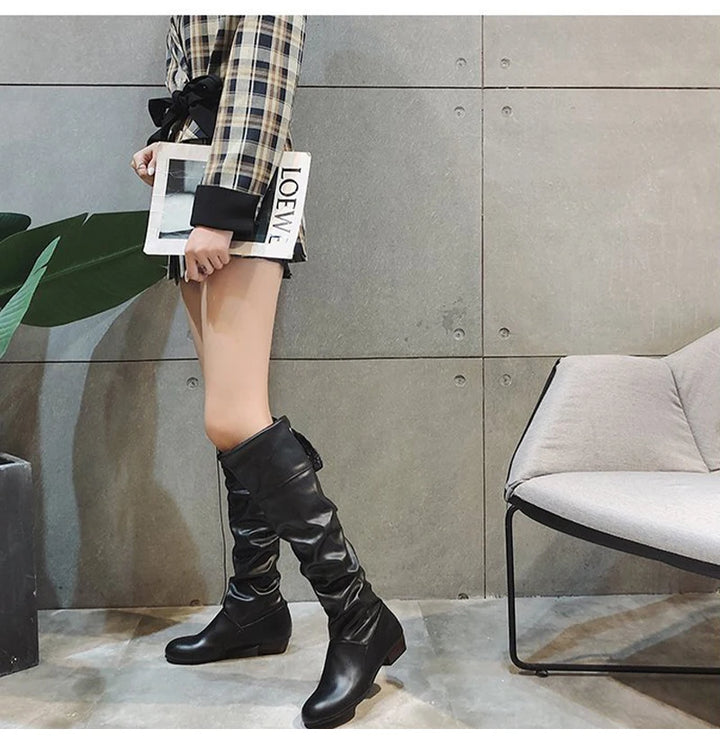 2024 Women’s Knee-High Boots – Pleated Leather, Low Heel, Casual Shoes
