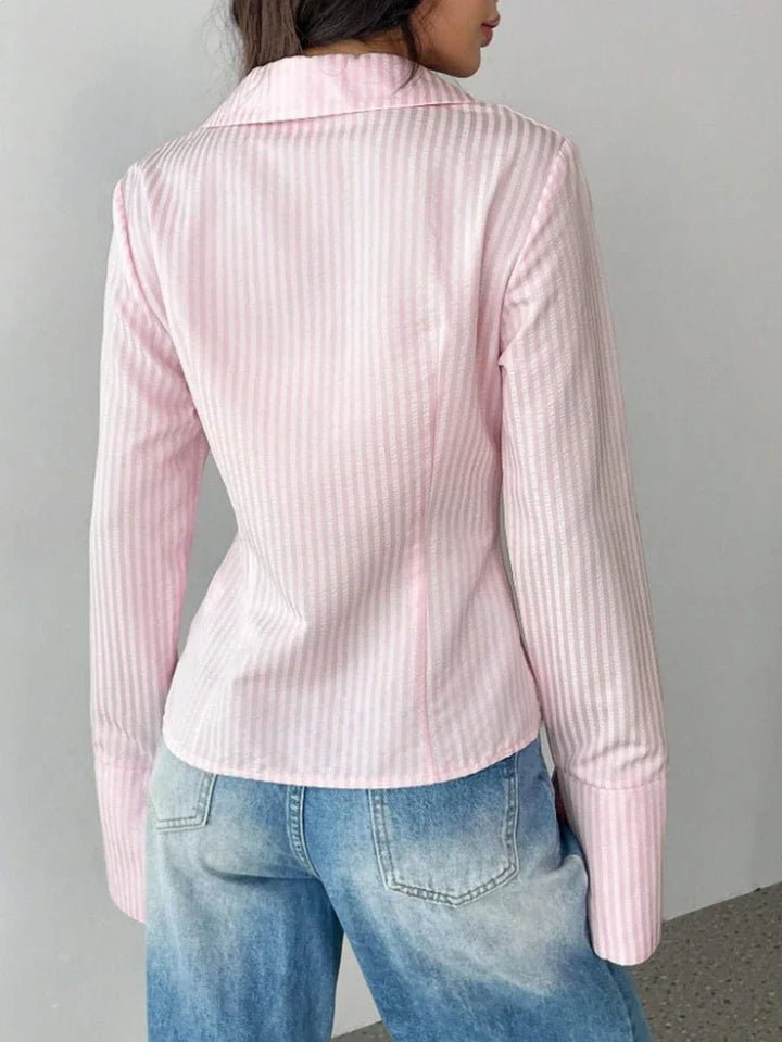 Pink Striped Shirt Women Sexy Turn Down Collar Spring Autumn Chic Blouse Fall Fashion Long Sleeve Single Breasted Slim Tops New